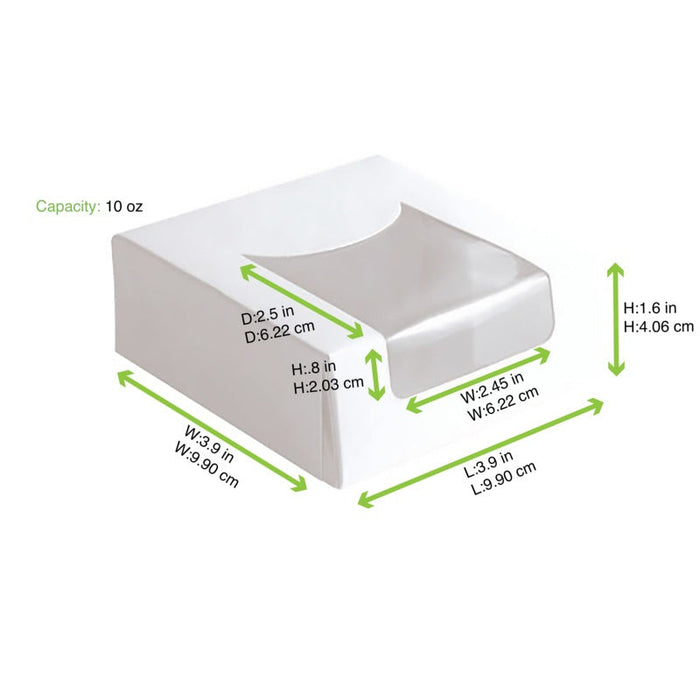 Scatola per pasticceria in cartone bianco con coperchio incernierato a finestra - 10 cm x 10 cm x 4 cm - 420 unità - dimensions