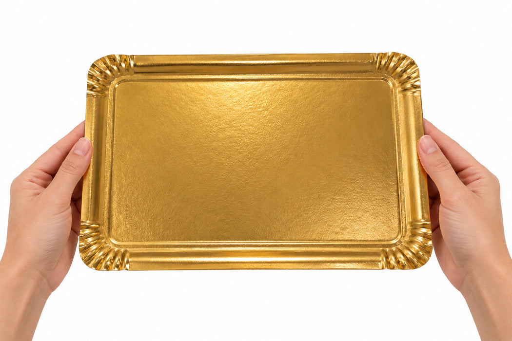 Vassoio in cartone double face oro sopra / bianco sotto - 28 cm x 19 cm - 100 unità