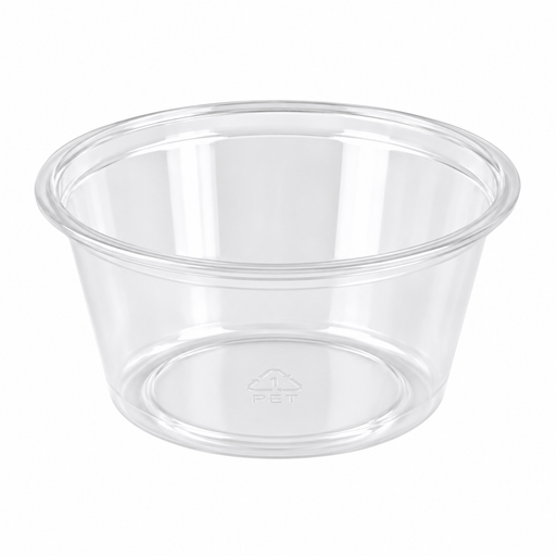 Contenitore per salse rotondo in plastica PET trasparente - 60 ml - Ø 6,2 cm - H 3,2 cm - 2500 unità