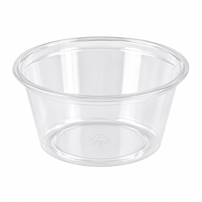Contenitore per salse rotondo in plastica PET trasparente - 60 ml - Ø 6,2 cm - H 3,2 cm - 2500 unità