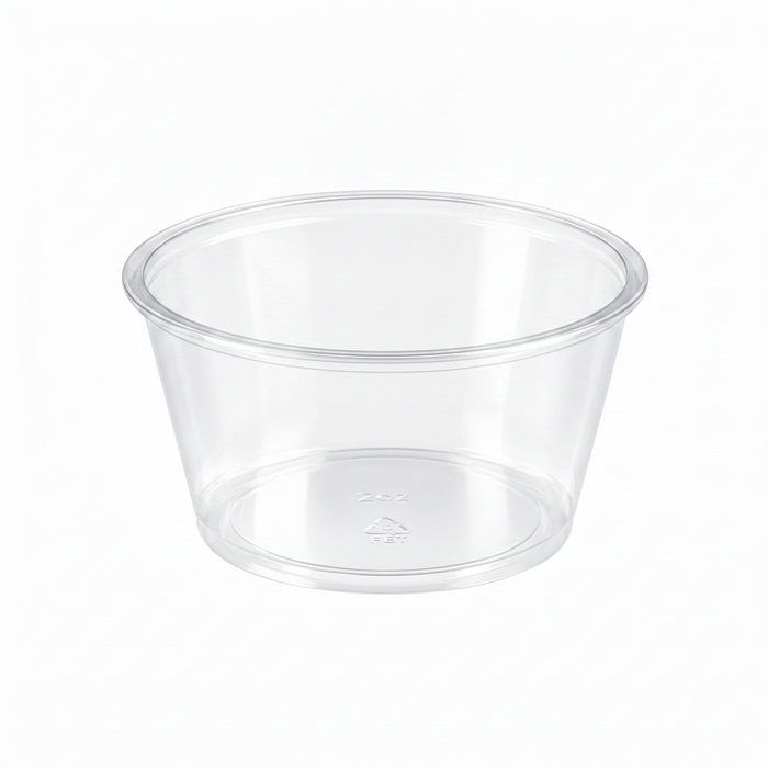 Contenitore per salse rotondo in plastica PET trasparente - 100 ml - Ø 7,4 cm - H 3,5 cm - 2500 unità