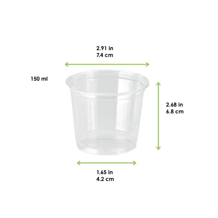 Contenitore per salse rotondo in plastica PET trasparente - 150 ml - Ø 7,4 cm - H 7 cm - 1000 unità - dimensions