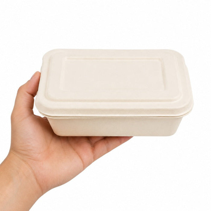 Contenitore per pasti bianco in polpa di cellulosa con coperchio - 850 ml - 19,3 cm x 13,5 cm x 5 cm - 400 unità