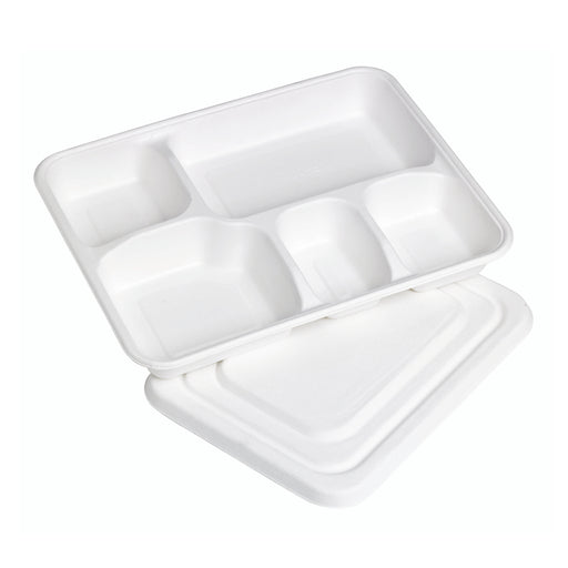 Vassoio pasto bianco in polpa di cellulosa a 5 scomparti con coperchio - 28,2 cm x 22 cm x 3,75 cm - 200 unità