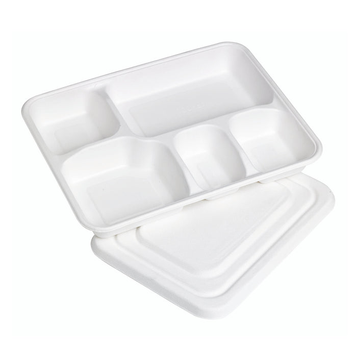 Vassoio pasto bianco in polpa di cellulosa a 5 scomparti con coperchio - 28,2 cm x 22 cm x 3,75 cm - 200 unità
