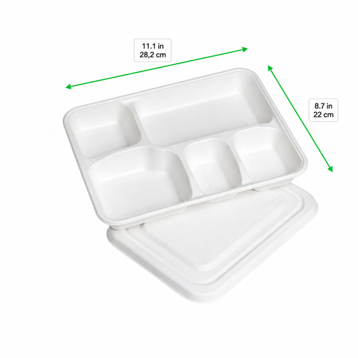 Vassoio pasto bianco in polpa di cellulosa a 5 scomparti con coperchio - 28,2 cm x 22 cm x 3,75 cm - 200 unità - dimensions