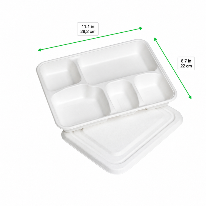 Vassoio pasto bianco in polpa di cellulosa a 5 scomparti con coperchio - 28,2 cm x 22 cm x 3,75 cm - 200 unità - dimensions