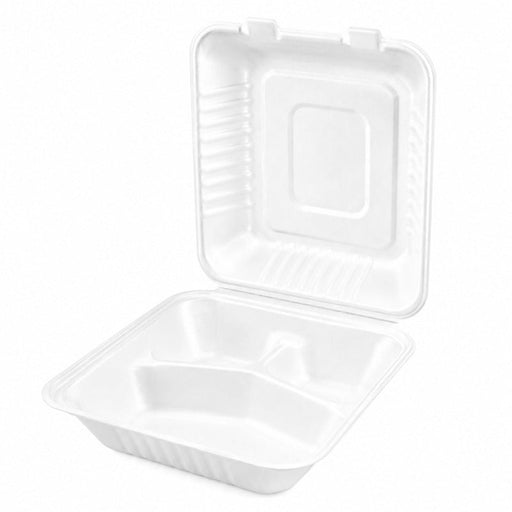 Contenitore a conchiglia bianco in polpa di cellulosa a 3 scomparti - 22 cm x 20 cm x 8 cm - 200 unità