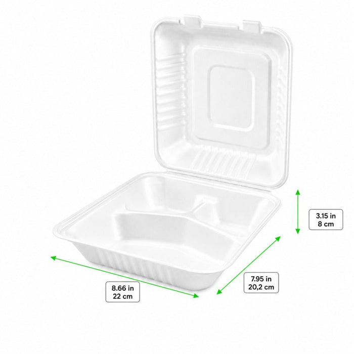 Contenitore a conchiglia bianco in polpa di cellulosa a 3 scomparti - 22 cm x 20 cm x 8 cm - 200 unità - dimensions