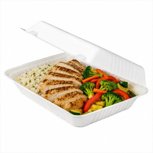 Contenitore a conchiglia bianco in polpa di cellulosa - 23 cm x 15,6 cm x 8 cm - 200 unità