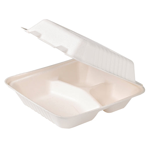Contenitore a conchiglia bianco in polpa di cellulosa a 3 scomparti - 23,1 cm x 22,4 cm x 8 cm - 200 unità
