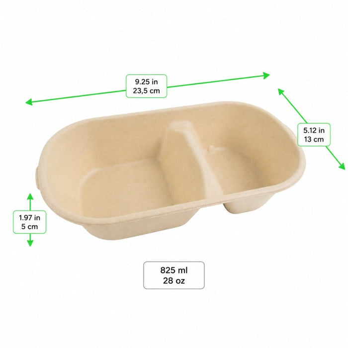 Contenitore rettangolare marrone in polpa di cellulosa a 2 scomparti - 850 ml - 23,5 cm x 13 cm x 5 cm - 300 unità - Rif. 210APURC28BRF - dimensions
