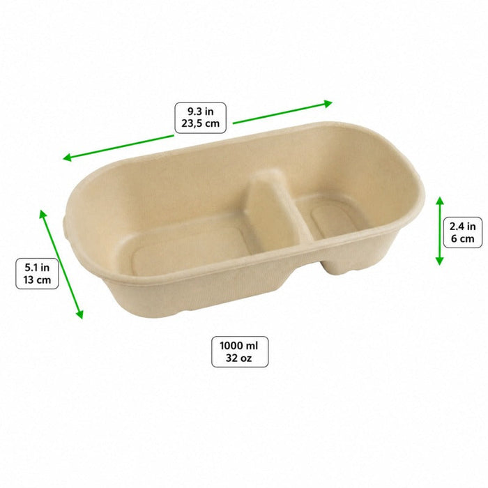 Contenitore rettangolare marrone in polpa di cellulosa a 2 scomparti - 1000 ml - 23,5 cm x 13 cm x 6 cm - 300 unità - Rif. 210APURC33BRF - dimensions