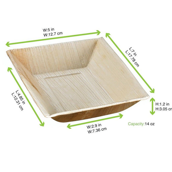 Piatto rettangolare in foglia di palma ad angoli retti - 17,7 cm x 12,7 cm x 3 cm - 100 unità - dimensions