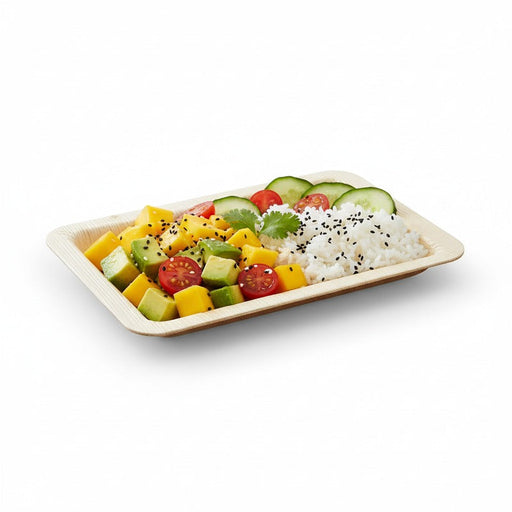 Piatto rettangolare in foglia di palma a bordi arrotondati - 24 cm x 16 cm x 2,5 cm - 100 unità