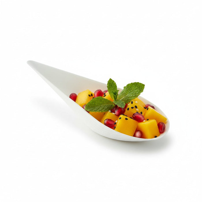 Contenitore finger food bianco in polpa di cellulosa a forma di goccia "Drop" - 10,5 cm x 5,2 cm x 3 cm - 300 unità