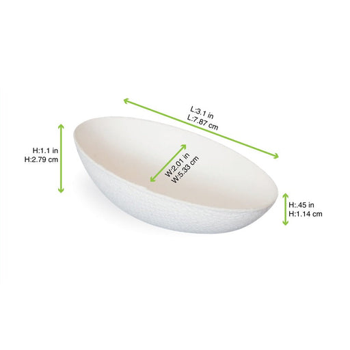 Contenitore finger food bianco in polpa di cellulosa a forma di uovo "Eggster" - 8 cm x 5,2 cm x 2,9 cm - 300 unità - dimensions