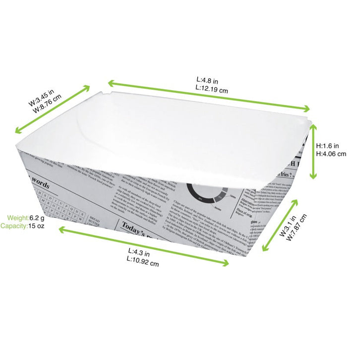 Vaschetta in cartone bianco con decoro "Giornale" - 440 ml - 11 cm x 8 cm x 4 cm - 1000 unità - dimensions