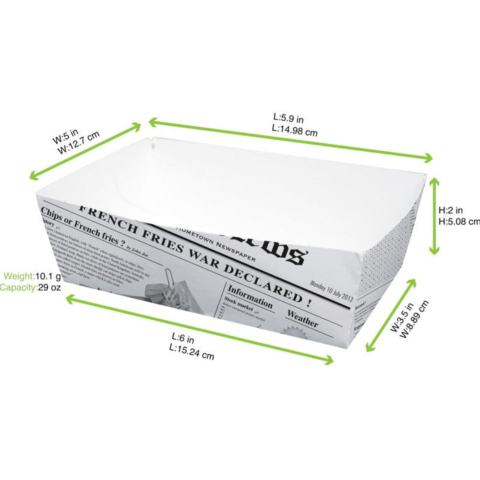Vaschetta in cartone bianco con decoro "Giornale" - 850 ml - 15 cm x 9 cm x 5 cm - 400 unità - dimensions