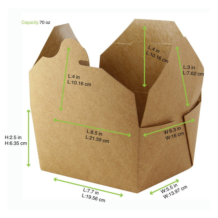 Contenitore per pasti in cartone kraft laminato - 2000 ml - 21,6 cm x 16 cm x 6,5 cm - 200 unità - dimensions