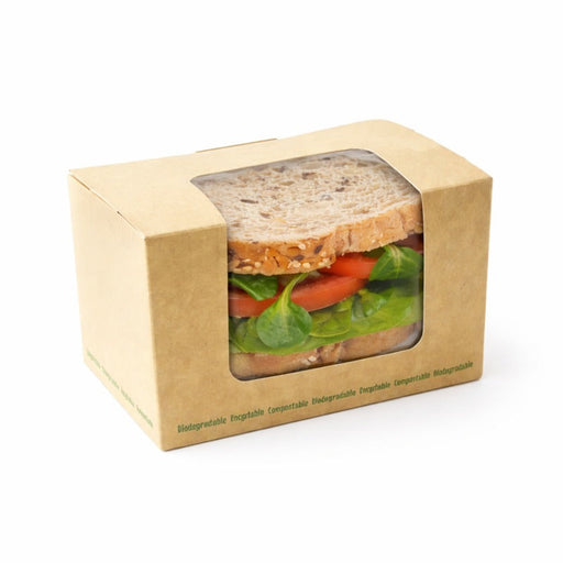 Scatola per sandwich in cartone marrone con finestra in PLA - 12,5 cm x 7,7 cm x 7,2 cm - 500 unità