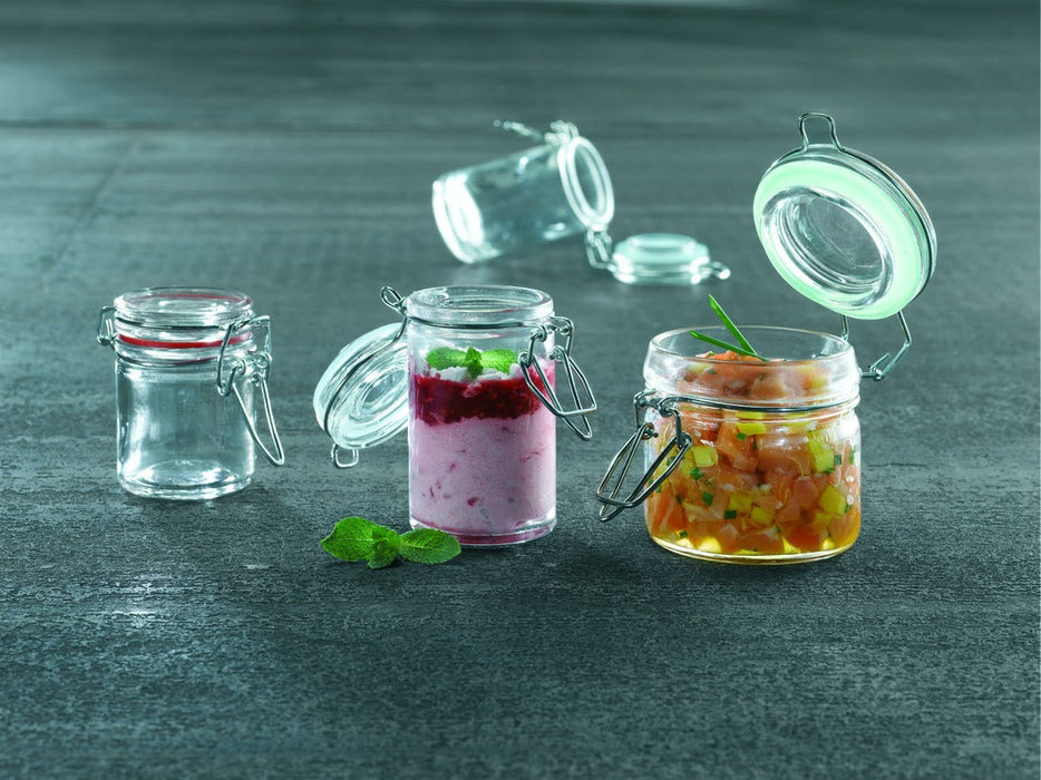 Mini vasetto in vetro con guarnizione in silicone nera - 150 ml - Ø 6,6 cm - H 9,1 cm - 24 unità