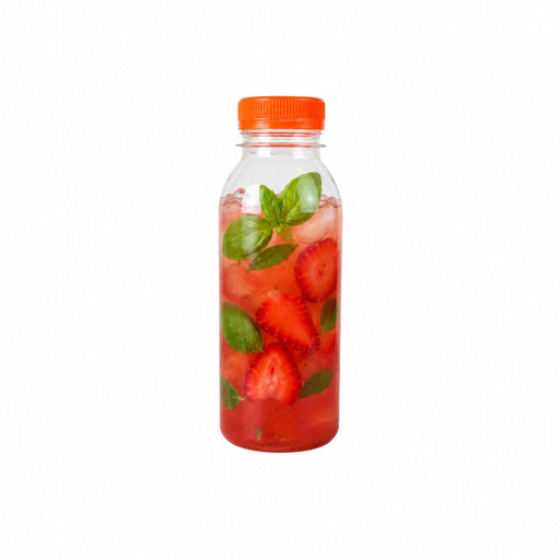 Bottiglia in plastica PET trasparente con tappo attaccato arancione - 250 ml - Ø 5,6 cm - H 15 cm - 270 unità