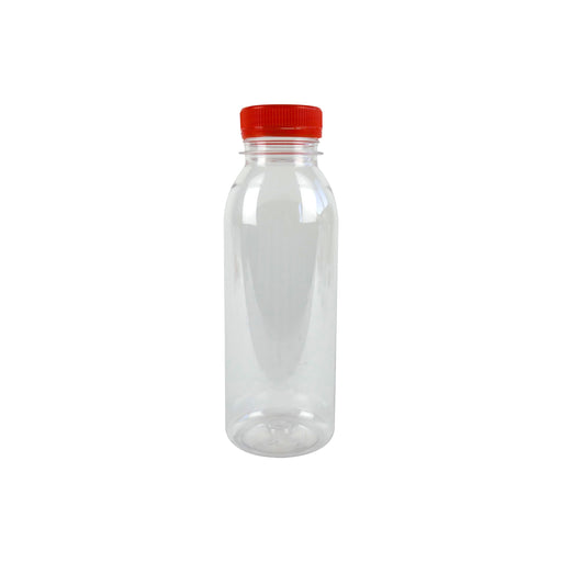 Bottiglia in plastica PET trasparente con tappo attaccato arancione - 330 ml - Ø 6,1 cm - H 16,1 cm - 220 unità