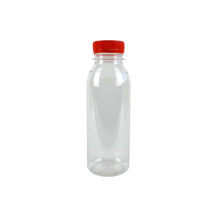 Bottiglia in plastica PET trasparente con tappo attaccato arancione - 330 ml - Ø 6,1 cm - H 16,1 cm - 220 unità