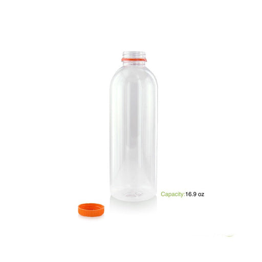 Bottiglia in plastica PET trasparente con tappo attaccato arancione - 500 ml - Ø 6,8 cm - H 18,7 cm - 150 unità - dimensions
