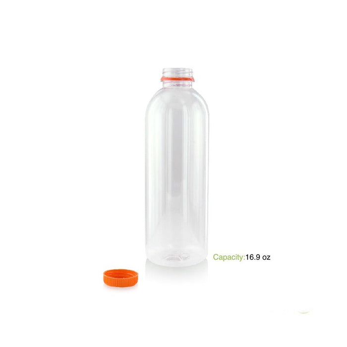 Bottiglia in plastica PET trasparente con tappo attaccato arancione - 500 ml - Ø 6,8 cm - H 18,7 cm - 150 unità - dimensions