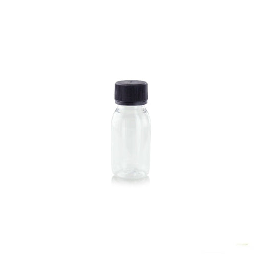 Bottiglia in plastica PET trasparente con tappo separato nero - 60 ml - Ø 3,5 cm - H 9,5 cm - 480 unità