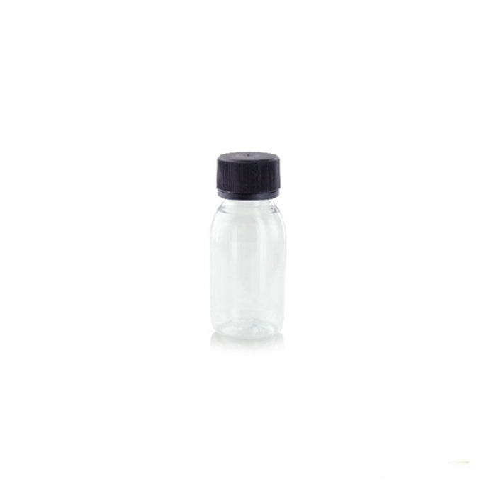 Bottiglia in plastica PET trasparente con tappo separato nero - 60 ml - Ø 3,5 cm - H 9,5 cm - 480 unità