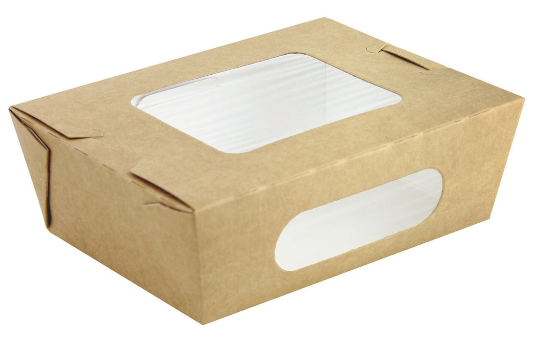 Scatola per insalata in cartone kraft marrone a doppia finestra - 850 ml - 15,5 cm x 11,8 cm x 5,3 cm - 100 unità