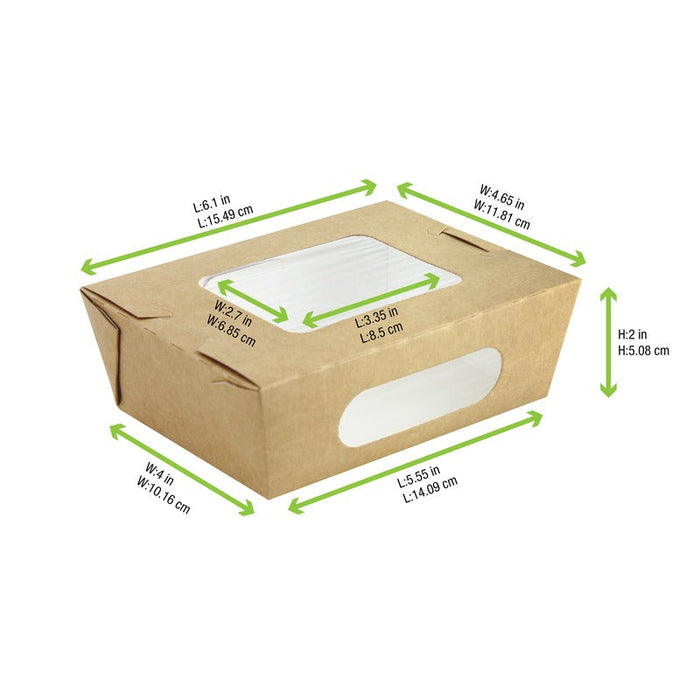 Scatola per insalata in cartone kraft marrone a doppia finestra - 850 ml - 15,5 cm x 11,8 cm x 5,3 cm - 100 unità - dimensions