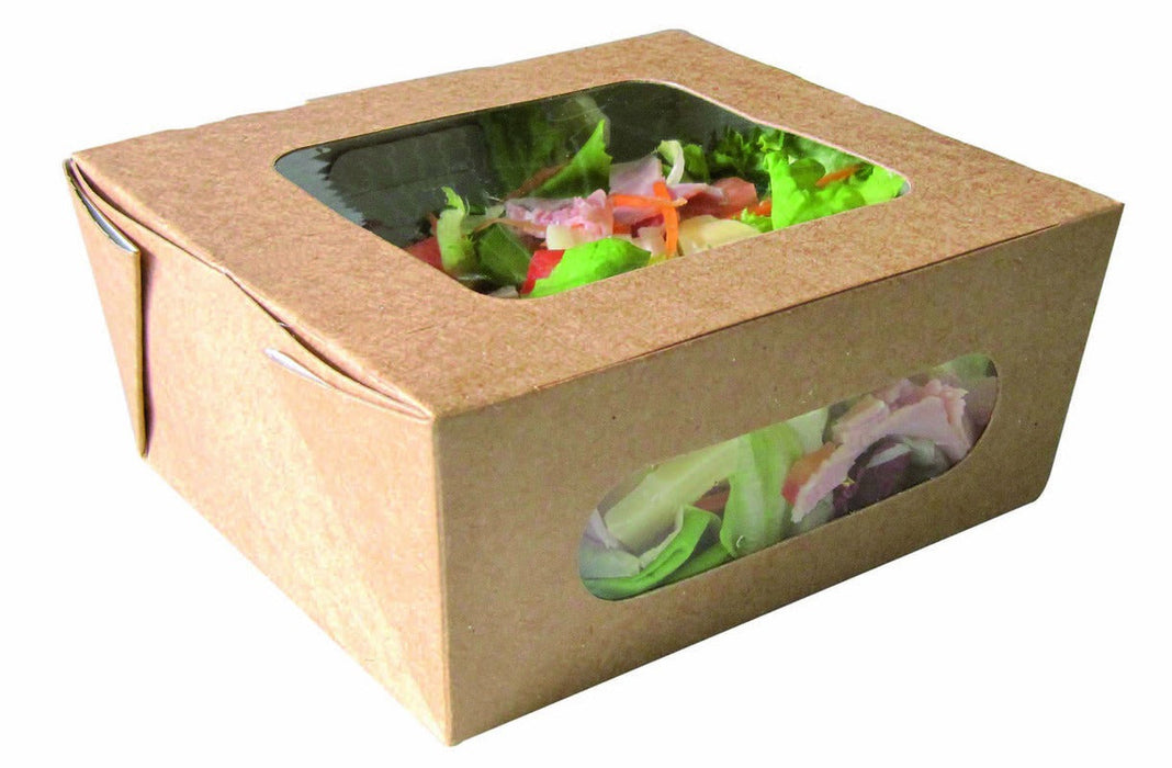 Scatola per insalata in cartone kraft marrone a doppia finestra - 1250 ml - 15,9 cm x 13,8 cm x 6,5 cm - 210 unità