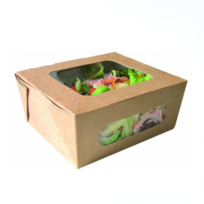 Scatola per insalata in cartone kraft marrone a doppia finestra in PLA - 1100 ml - 15,2 cm x 13,5 cm x 6,5 cm - 200 unità