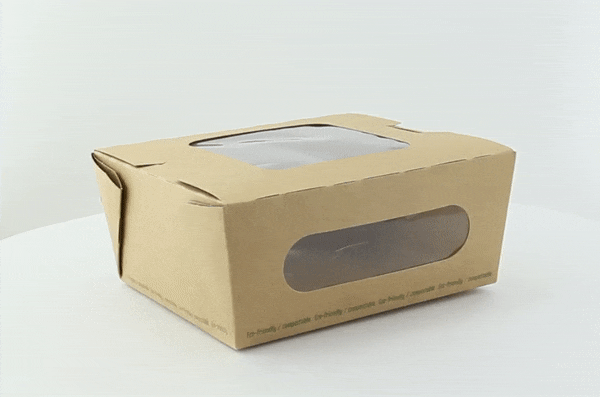 Scatola per insalata in cartone kraft marrone a doppia finestra in PLA - 1100 ml - 15,2 cm x 13,5 cm x 6,5 cm - 200 unità