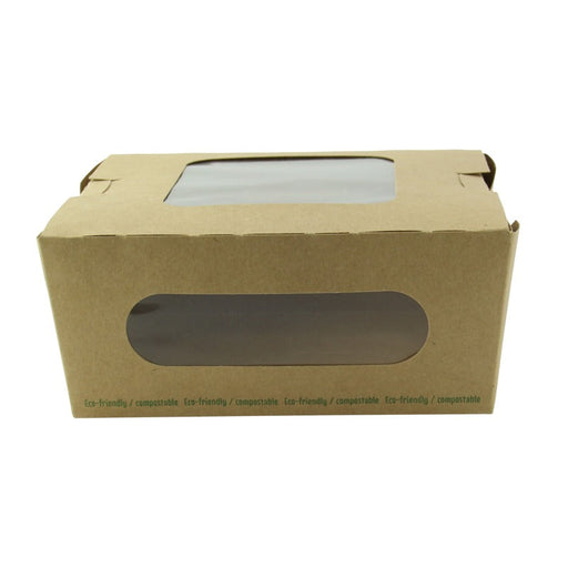 Scatola per insalata in cartone kraft marrone a doppia finestra in PLA - 1100 ml - 15,2 cm x 13,5 cm x 6,5 cm - 200 unità