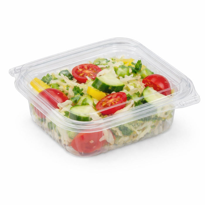 Vaschetta rettangolare trasparente in PLA con coperchio incernierato - 250 ml - 12,6 cm x 11,7 cm x 4,3 cm - 700 unità