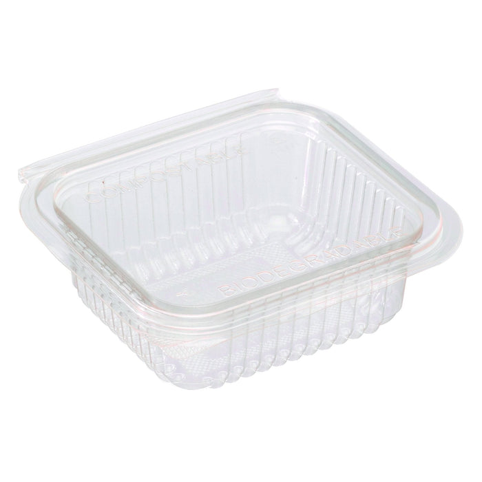 Vaschetta rettangolare trasparente in PLA con coperchio incernierato - 250 ml - 12,6 cm x 11,7 cm x 4,3 cm - 700 unità