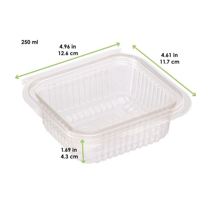 Vaschetta rettangolare trasparente in PLA con coperchio incernierato - 250 ml - 12,6 cm x 11,7 cm x 4,3 cm - 700 unità - dimensions