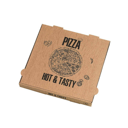 Scatola per pizza in cartone marrone con decoro "Hot and Tasty" - 31 cm x 31 cm x 4 cm - 100 unità