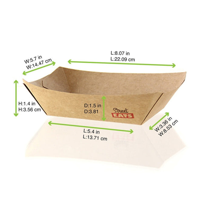 Vaschetta a barchetta in cartone kraft marrone antigrasso con PE - 800 ml - 21,5 cm x 16 cm x 5,2 cm - 500 unità - dimensions