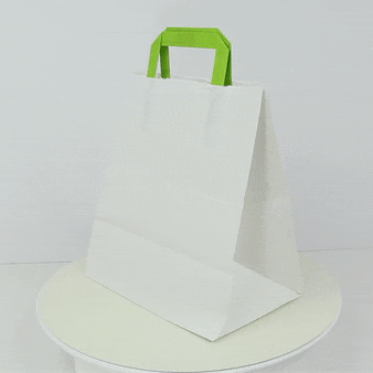 Shopper in carta bianca riciclata con manici verdi - 26 cm x 17 cm x 28 cm - 250 unità