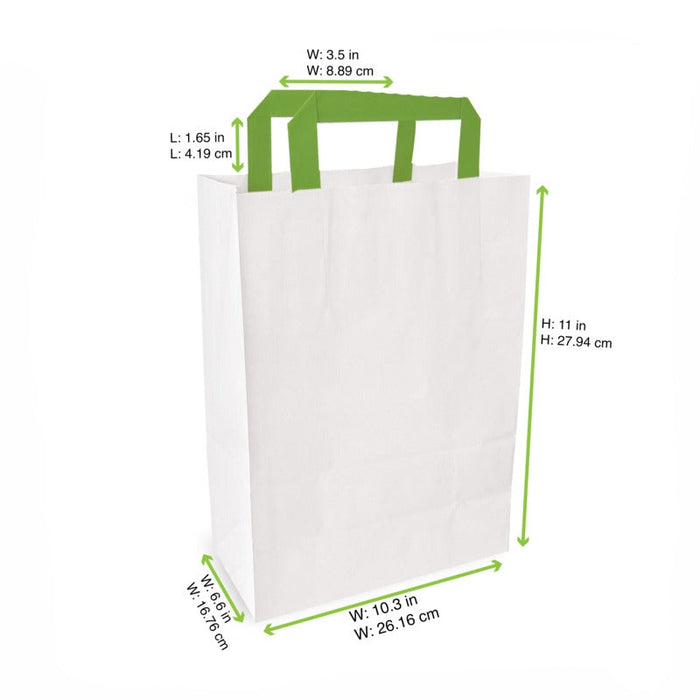 Shopper in carta bianca riciclata con manici verdi - 26 cm x 17 cm x 28 cm - 250 unità - dimensions