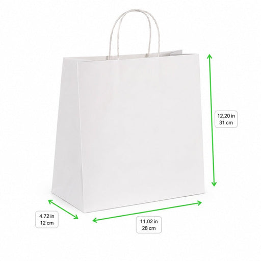 Shopper in carta bianca con manici in cordino - 28 cm x 12 cm x 31 cm - 200 unità - dimensions