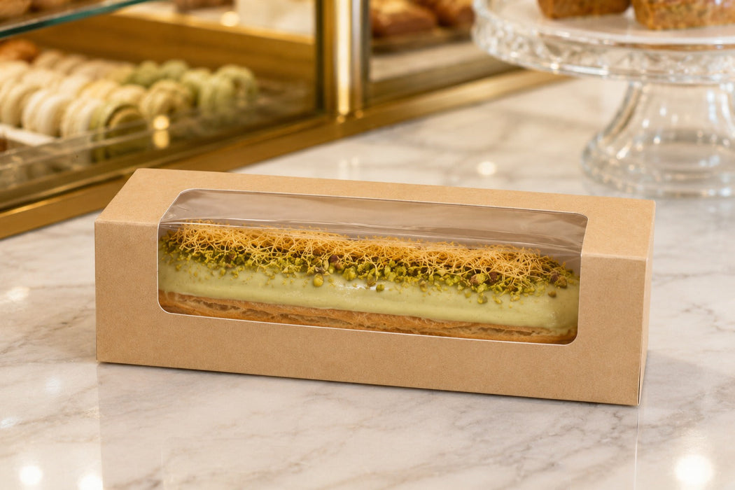 Scatola in cartone con finestra in PET per éclair o macarons - 15 cm x 6 cm x 5 cm - 250 unità