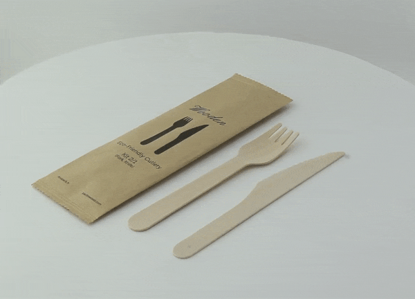 Kit posate in legno 2 / 1: coltello forchetta, imballo kraft - 16,5 cm - 250 unità