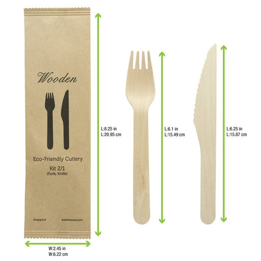 Kit posate in legno 2 / 1: coltello forchetta, imballo kraft - 16,5 cm - 250 unità - dimensions